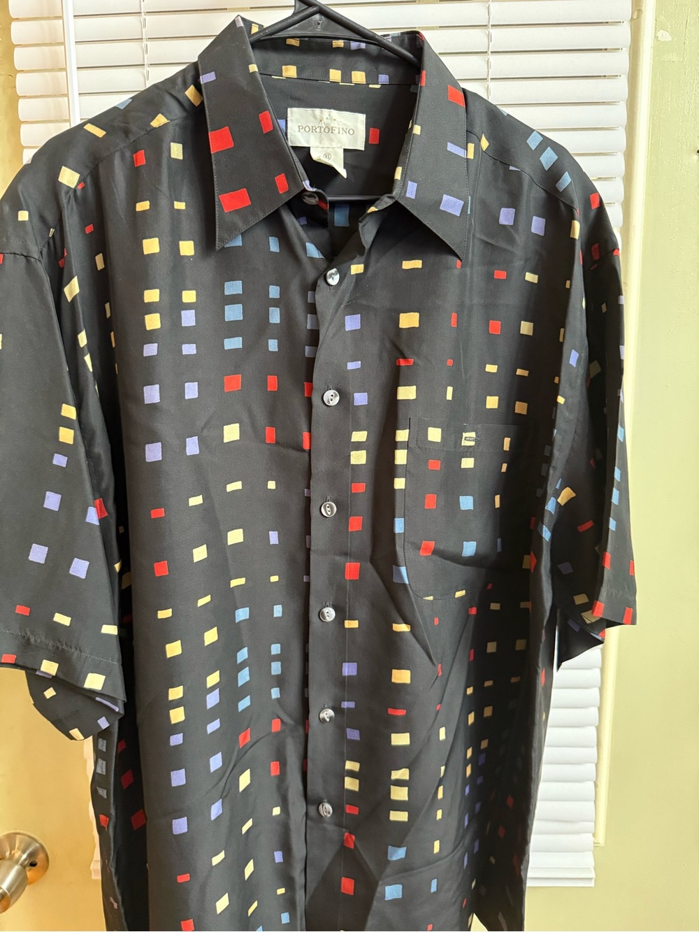 Men’s Silk Black Short-Sleeve Button-Up Shirt, Multicolor Square Print. Size XL